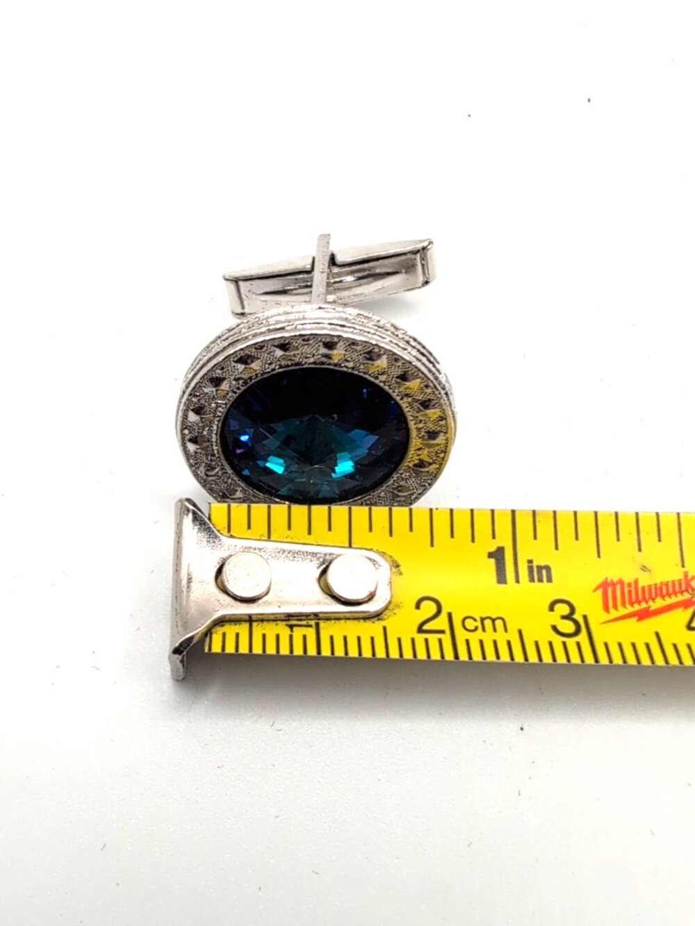 Silver Tone Cufflinks w/ Large Blue Faux Gemstones 7/8" Diam + Matching Tie Tack - Picture 6 of 7